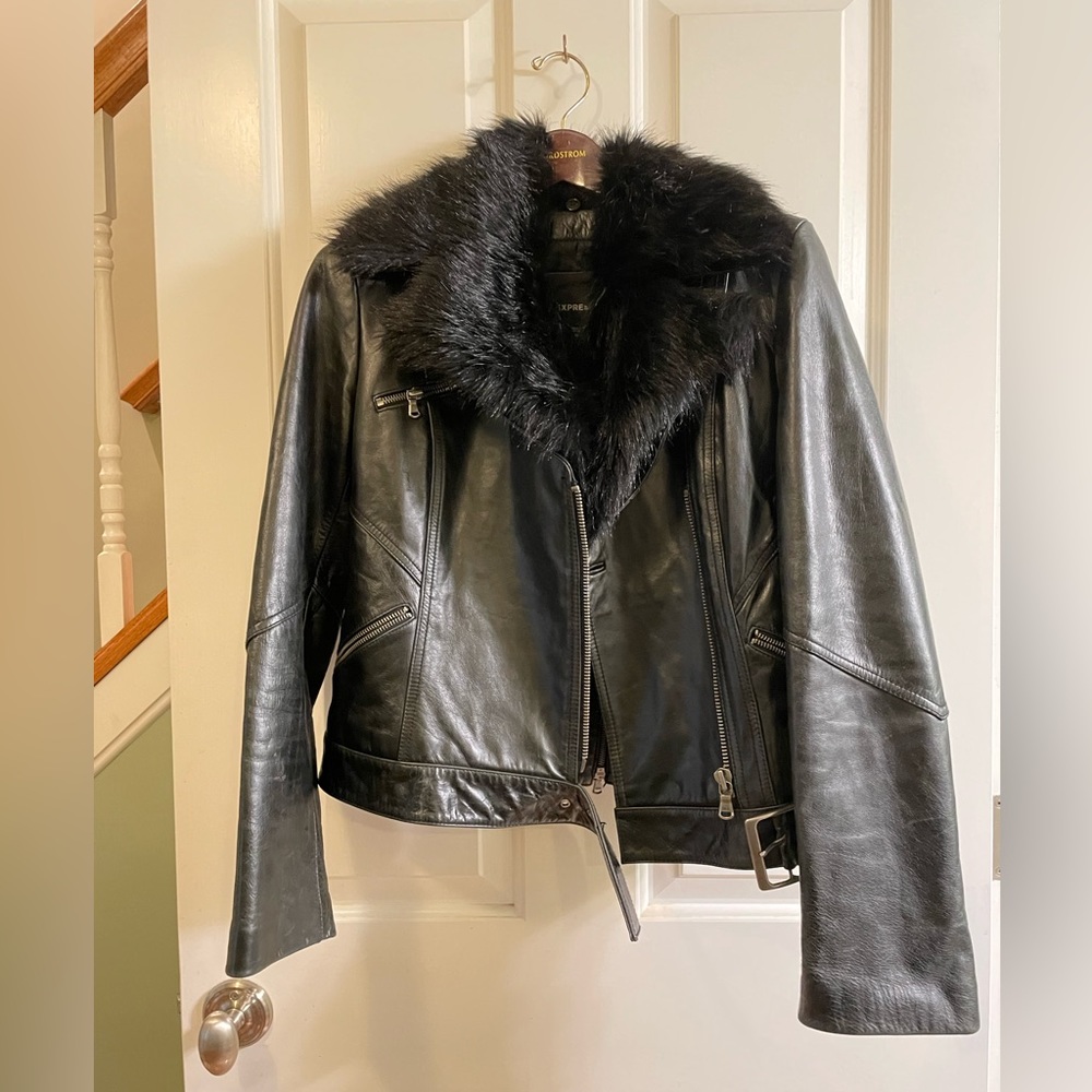 Express Genuine Leather Moto Jacket with Removable Faux Fur Collar